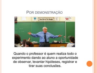Por demonstraçãoQuando o professor é quem realiza todo o experimento dando ao aluno a oportunidade de observar, levantar hipóteses, registrar e tirar suas conclusões.