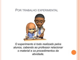 Por trabalho experimentalO experimento é todo realizado pelos alunos, cabendo ao professor relacionar o material e os procedimentos da atividade.