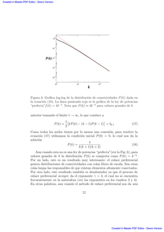 10
0
10
1
10
2
k
10
-8
10
-6
10
-4
10
-2
10
0
P(k)
Figura 6: Gr´aﬁca log-log de la distribuci´on de conectividades P(k) dada en
la ecuaci´on (18). La l´ınea punteada roja es la gr´aﬁca de la ley de potencias
“perfecta”f(k) = 4k−3
. Nota que P(k) ≈ 4k−3
para valores grandes de k.
anterior tomando el l´ımite t → ∞, lo que conduce a
P(k) +
1
2
£
kP(k) − (k − 1)P(k − 1)
§
= δk,1 (17)
Como todos los nodos tienen por lo menos una conexi´on, para resolver la
ecuaci´on (17) utilizamos la condici´on inicial P(0) = 0, lo cual nos da la
soluci´on
P(k) =
4
k(k + 1)(k + 2)
(18)
Aun cuando esta no es una ley de potencias “perfecta”(ver la Fig. 6), para
valores grandes de k la distribuci´on P(k) se comporta como P(k) ∼ k−3
.
Por un lado, este es un resultado muy interesante: el enlace preferencial
genera distribuciones de conectividades con colas libres de escala. Son estas
colas largas las responsables de que existan elementos altamente conectados.
Por otro lado, este resultado tambi´en es desalentador ya que el proceso de
enlace preferencial siempre da el exponente γ = 3, el cual no se encuentra
frecuentemente en la naturaleza (ver los exponentes en los cuadros 3 y 4).
En otras palabras, aun cuando el m´etodo de enlace preferencial nos da una
22
Created in Master PDF Editor - Demo Version
Created in Master PDF Editor - Demo Version
Created in Master PDF Editor - Demo Version
Created in Master PDF Editor - Demo Version
Created in Master PDF Editor - Demo Version
Created in Master PDF Editor - Demo Version
Created in Master PDF Editor - Demo Version
Created in Master PDF Editor - Demo Version
 