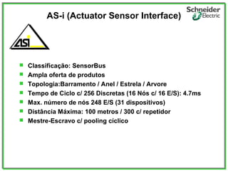 AS-i (Actuator Sensor Interface)
 Classificação: SensorBus
 Ampla oferta de produtos
 Topologia:Barramento / Anel / Estrela / Arvore
 Tempo de Ciclo c/ 256 Discretas (16 Nós c/ 16 E/S): 4.7ms
 Max. número de nós 248 E/S (31 dispositivos)
 Distância Máxima: 100 metros / 300 c/ repetidor
 Mestre-Escravo c/ pooling cíclico
 