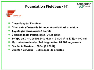 Foundation Fieldbus - H1
 Classificação: Fieldbus
 Crescente número de fornecedores de equipamentos
 Topologia: Barramento / Estrela
 Velocidade de transmissão: 31.25 kbps
 Tempo de Ciclo c/ 256 Discretas (16 Nós c/ 16 E/S): < 100 ms
 Max. número de nós: 240 /segmento - 65.000 segmentos
 Distância Máxima: 1900m (31.25 K)
 Cliente / Servidor - Notificação de eventos
 