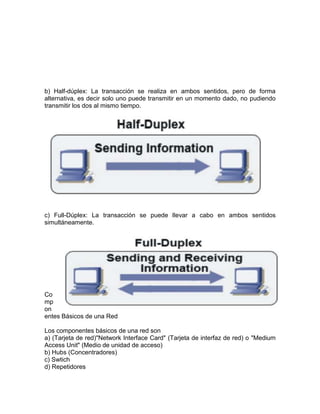 b) Half-dúplex: La transacción se realiza en ambos sentidos, pero de forma
alternativa, es decir solo uno puede transmitir en un momento dado, no pudiendo
transmitir los dos al mismo tiempo.

c) Full-Dúplex: La transacción se puede llevar a cabo en ambos sentidos
simultáneamente.

Co
mp
on
entes Básicos de una Red
Los componentes básicos de una red son
a) (Tarjeta de red)"Network Interface Card" (Tarjeta de interfaz de red) o "Medium
Access Unit" (Medio de unidad de acceso)
b) Hubs (Concentradores)
c) Swtich
d) Repetidores

 