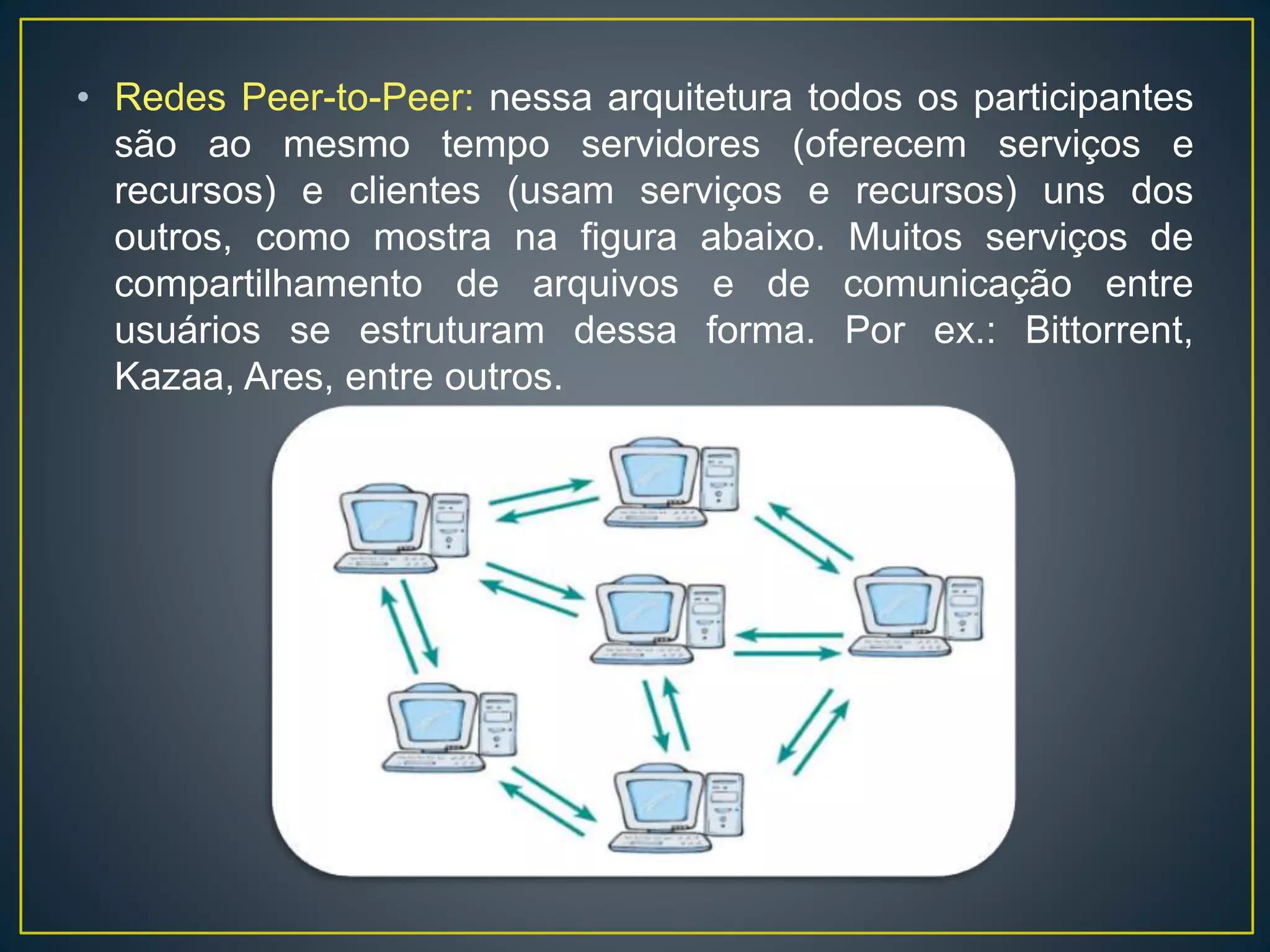 • Redes Peer-to-Peer: nessa arquitetura todos os participantes
são ao mesmo tempo servidores (oferecem serviços e
recursos) e clientes (usam serviços e recursos) uns dos
outros, como mostra na figura abaixo. Muitos serviços de
compartilhamento de arquivos e de comunicação entre
usuários se estruturam dessa forma. Por ex.: Bittorrent,
Kazaa, Ares, entre outros.
 
