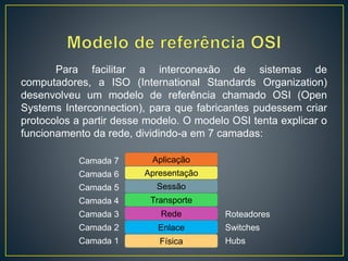Para facilitar a interconexão de sistemas de
computadores, a ISO (International Standards Organization)
desenvolveu um modelo de referência chamado OSI (Open
Systems Interconnection), para que fabricantes pudessem criar
protocolos a partir desse modelo. O modelo OSI tenta explicar o
funcionamento da rede, dividindo-a em 7 camadas:
Camada 7
Camada 6
Camada 5
Camada 4
Camada 3
Camada 2
Camada 1 Física
Enlace
Rede
Transporte
Sessão
Apresentação
Aplicação
Roteadores
Switches
Hubs
 