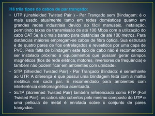 Conheça alguns tipos de cabos metálicos e suas
particularidades:
Cabo de par trançado: consiste em um par de fios elétricos
de cobre ou aço recoberto de cobre (aumenta a resistência
à tração). Os fios são recobertos de uma camada isolante,
geralmente de plástico, e entrelaçados em forma de trança
para evitar a interferência eletromagnética entre cabos
vizinhos e aumentar a sua resistência. O conector utilizado
é o RJ-45.
 