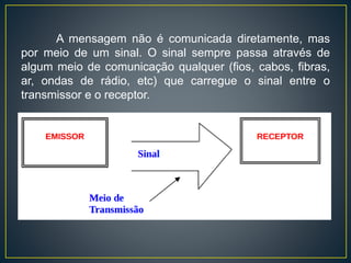 A mensagem não é comunicada diretamente, mas
por meio de um sinal. O sinal sempre passa através de
algum meio de comunicação qualquer (fios, cabos, fibras,
ar, ondas de rádio, etc) que carregue o sinal entre o
transmissor e o receptor.
 