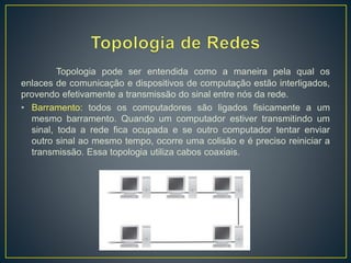 A figura abaixo mostra os componentes utilizados nas
conexões com cabos Thin Ethernet. Os conectores ”T” são
acoplados ao conector BNC da placa de rede, e nele são
conectados os cabos que ligam o PC aos seus vizinhos. O
terminador deve ser ligado no último conector “T” da cadeia.
 