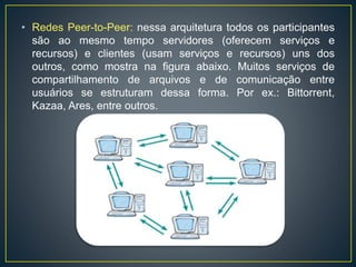 • Redes Peer-to-Peer: nessa arquitetura todos os participantes
são ao mesmo tempo servidores (oferecem serviços e
recursos) e clientes (usam serviços e recursos) uns dos
outros, como mostra na figura abaixo. Muitos serviços de
compartilhamento de arquivos e de comunicação entre
usuários se estruturam dessa forma. Por ex.: Bittorrent,
Kazaa, Ares, entre outros.
 