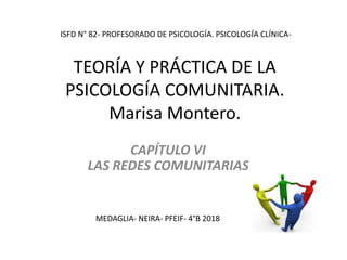 TEORÍA Y PRÁCTICA DE LA
PSICOLOGÍA COMUNITARIA.
Marisa Montero.
CAPÍTULO VI
LAS REDES COMUNITARIAS
MEDAGLIA- NEIRA- PFEIF- 4°B 2018
ISFD N° 82- PROFESORADO DE PSICOLOGÍA. PSICOLOGÍA CLÍNICA-
 