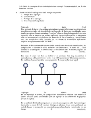 Es la forma de conseguir el funcionamiento de una topología física cableando la red de una
   forma más eficiente.

9. De cada una de las topologías de redes incluye lo siguiente:
      a. Imagen de la topología
      b. Características
      c. Ventajas de la topología
      d. Desventajas de la topología


       Topología                        de                       ducto                      (bus)
       Una topología de ducto o bus está caracterizada por una dorsal principal con dispositivos
       de red interconectados a lo largo de la dorsal. Las redes de ductos son consideradas como
       topologías pasivas. Las computadoras "escuchan" al ducto. Cuando éstas están listas para
       transmitir, ellas se aseguran que no haya nadie más transmitiendo en el ducto, y entonces
       ellas envían sus paquetes de información. Las redes de ducto basadas en contención (ya
       que cada computadora debe contender por un tiempo de transmisión) típicamente
       emplean la arquitectura de red ETHERNET.

       Las redes de bus comúnmente utilizan cable coaxial como medio de comunicación, las
       computadoras se contaban al ducto mendiante un conector BNC en forma de T. En el
       extremo de la red se ponia un terminador (si se utilizaba un cable de 50 ohm, se ponia un
       terminador               de               50                 ohms               también).

       Las redes de ducto son fácil de instalar y de extender. Son muy susceptibles a
       quebraduras de cable, conectores y cortos en el cable que son muy díficiles de encontrar.
       Un problema físico en la red, tal como un conector T, puede tumbar toda la red.




       Topología                      de                    estrella                  (star)
       En una topología de estrella, las computadoras en la red se conectan a un dispositivo
       central conocido como concentrador (hub en inglés) o a un conmutador de paquetes
       (swicth en inglés).

       En un ambiente LAN cada computadora se conecta con su propio cable (típicamente par
       trenzado) a un puerto del hub o switch. Este tipo de red sigue siendo pasiva, utilizando un
       método basado en contensión, las computadoras escuchan el cable y contienden por un
       tiempo                                   de                                    transmisión.
 