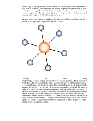 Debido a que la topología estrella utiliza un cable de conexión para cada computadora, es
muy fácil de expandir, sólo dependerá del número de puertos disponibles en el hub o
switch (aunque se pueden conectar hubs o switchs en cadena para así incrementar el
número de puertos). La desventaja de esta topología en la centralización de la
comunicación, ya que si el hub falla, toda la red se cae.

Hay que aclarar que aunque la topología física de una red Ethernet basada en hub es
estrella, la topología lógica sigue siendo basada en ducto.




Topología                        de                     anillo                       (ring)
Una topología de anillo conecta los dispositivos de red uno tras otro sobre el cable en un
círculo físico. La topología de anillo mueve información sobre el cable en una dirección y
es considerada como una topología activa. Las computadoras en la red retransmiten los
paquetes que reciben y los envían a la siguiente computadora en la red. El acceso al
medio de la red es otorgado a una computadora en particular en la red por un "token". El
token circula alrededor del anillo y cuando una computadora desea enviar datos, espera al
token y posiciona de él. La computadora entonces envía los datos sobre el cable. La
computadora destino envía un mensaje (a la computadora que envió los datos) que de
fueron recibidos correctamente. La computadora que transmitio los datos, crea un nuevo
token y los envía a la siguiente computadora, empezando el ritual de paso de token o
estafeta (token passing) nuevamente.
 