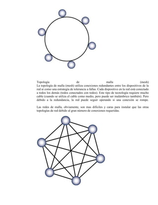 Topología                        de                      malla                        (mesh)
La topología de malla (mesh) utiliza conexiones redundantes entre los dispositivos de la
red aí como una estrategía de tolerancia a fallas. Cada dispositivo en la red está conectado
a todos los demás (todos conectados con todos). Este tipo de tecnología requiere mucho
cable (cuando se utiliza el cable como medio, pero puede ser inalámbrico también). Pero
debido a la redundancia, la red puede seguir operando si una conexión se rompe.

Las redes de malla, obviamente, son mas difíciles y caras para instalar que las otras
topologías de red debido al gran número de conexiones requeridas.
 