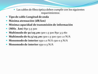  Las cables de fibra óptica deben cumplir con los siguientes
                             requerimientos:
   Tipo de cable Longitud de onda
   Máxima atenuación (dB/km)
   Mínima capacidad de transmisión de información
   (MHz . km) 850 3.5 500
   Multimodo de 50/125 μm 1300 1.5 500 850 3.5 160
   Multimodo de 62.5/125 μm 1300 1.5 500 1310 1.0 N/A
   Monomodo de interior 1550 1.0 N/A 1310 0.5 N/A
   Monomodo de interior 1550 0.5 N/A
 