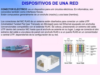 CONECTOR ELÉCTRICO : es un dispositivo para unir circuitos eléctricos. En informática, son conocidos también como inferfaces físicas. Están compuestos generalmente de un enchufe (macho) y una base (hembra). DISPOSITIVOS DE UNA RED Los conectores del NIC RJ45 de un sistema están diseñados para conectar un cable UTP (Unshielded Twisted Pair [par Trenzado sin Blindaje]) para red Ethernet equipado con enchufes convencionales compatibles con el estándar RJ45. Se coloca, presionando un extremo del cable UTP dentro del conector NIC hasta que el enchufe se asiente en su lugar. Luego se conecta el otro extremo del cable a una placa de pared con enchufe RJ45 o a un puerto RJ45 en un concentrador o central UTP, dependiendo de la configuración de su red.  