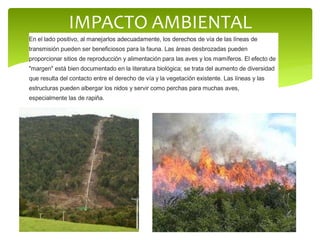 IMPACTO AMBIENTAL
En el lado positivo, al manejarlos adecuadamente, los derechos de vía de las líneas de
transmisión pueden ser beneficiosos para la fauna. Las áreas desbrozadas pueden
proporcionar sitios de reproducción y alimentación para las aves y los mamíferos. El efecto de
"margen" está bien documentado en la literatura biológica; se trata del aumento de diversidad
que resulta del contacto entre el derecho de vía y la vegetación existente. Las líneas y las
estructuras pueden albergar los nidos y servir como perchas para muchas aves,
especialmente las de rapiña.
 