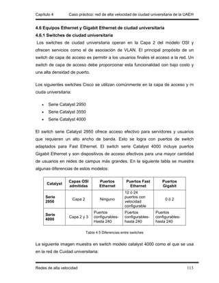 Capítulo 4        Caso práctico: red de alta velocidad de ciudad universitaria de la UAEH


4.6 Equipos Ethernet y Gigabit Ethernet de ciudad universitaria
4.6.1 Switches de ciudad universitaria
Los switches de ciudad universitaria operan en la Capa 2 del modelo OSI y
ofrecen servicios como el de asociación de VLAN. El principal propósito de un
switch de capa de acceso es permitir a los usuarios finales el acceso a la red. Un
switch de capa de acceso debe proporcionar esta funcionalidad con bajo costo y
una alta densidad de puerto.

Los siguientes switches Cisco se utilizan comúnmente en la capa de acceso y rn
ciuda universitaria:

   •    Serie Catalyst 2950
   •    Serie Catalyst 3550
   •    Serie Catalyst 4000

El switch serie Catalyst 2950 ofrece acceso efectivo para servidores y usuarios
que requieren un alto ancho de banda. Esto se logra con puertos de switch
adaptados para Fast Ethernet. El switch serie Catalyst 4000 incluye puertos
Gigabit Ethernet y son dispositivos de acceso efectivos para una mayor cantidad
de usuarios en redes de campus más grandes. En la siguiente tabla se muestra
algunas diferencias de estos modelos:

                  Capas OSI             Puertos          Puertos Fast       Puertos
       Catalyst
                  admitidas             Ethernet           Ethernet         Gigabit
                                                        12 ó 24
       Serie                                            puertos con
                       Capa 2           Ninguno                               0ó2
       2950                                             velocidad
                                                        configurable
                                     Puertos            Puertos          Puertos
       Serie
                  Capa 2 y 3         configurables-     configurables-   configurables-
       4000
                                     Hasta 240          hasta 240        hasta 240

                                Tabla 4.5 Diferencias entre switches


La siguiente imagen muestra en switch modelo catalyst 4000 como el que se usa
en la red de Cuidad universitaria:


Redes de alta velocidad                                                                   113
 
