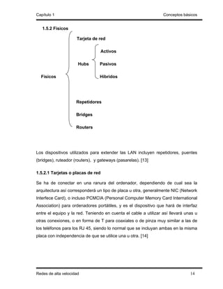 Capítulo 1                                                       Conceptos básicos


   1.5.2 Físicos

                     Tarjeta de red

                                   Activos

                      Hubs       Pasivos

  Físicos                        Híbridos




                     Repetidores

                     Bridges

                     Routers




Los dispositivos utilizados para extender las LAN incluyen repetidores, puentes
(bridges), ruteador (routers), y gateways (pasarelas). [13]

1.5.2.1 Tarjetas o placas de red

Se ha de conectar en una ranura del ordenador, dependiendo de cual sea la
arquitectura así corresponderá un tipo de placa u otra, generalmente NIC (Network
Interfece Card), o incluso PCMCIA (Personal Computer Memory Card International
Association) para ordenadores portátiles, y es el dispositivo que hará de interfaz
entre el equipo y la red. Teniendo en cuenta el cable a utilizar así llevará unas u
otras conexiones, o en forma de T para coaxiales o de pinza muy similar a las de
los teléfonos para los RJ 45, siendo lo normal que se incluyan ambas en la misma
placa con independencia de que se utilice una u otra. [14]




Redes de alta velocidad                                                        14
 