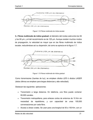 Capítulo 1                                                                  Conceptos básicos




                      Figura 1.12 Fibras multimodo de índice escalar


3.- Fibras multimodo de índice gradual: el diámetro del núcleo está entre los 50
y los 60 µm, y el del recubrimiento es de 125 µm. Aunque existen muchos modos
de propagación, la velocidad es mayor que en las fibras multimodo de índice
escalar, reduciéndose así su dispersión, tal como se aprecia en la figura 1.7.




                      Figura 1.13 Fibras multimodo de índice gradual


Como transmisores (fuentes de luz), se emplean diodos LEO ó diodos LASER
(éstos últimos se emplean para largas distancias y alta velocidad).

Destacan las siguientes aplicaciones:

   •   Transmisión a larga distancia. En telefonía, una fibra puede contener
       60,000 canales.
   •   Transmisión metropolitana, para enlaces cortos de entornos de 10 Km sin
       necesidad    de    repetidores,    y   con    capacidad         de    unas   100,000
       conversaciones por cada fibra.
   •   Acceso a áreas rurales. Se usan para una longitud de 50 a 150 Km, con un


Redes de alta velocidad                                                                  25
 
