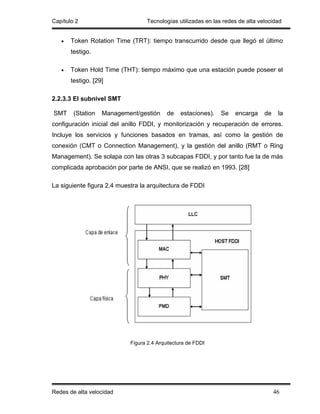 Capítulo 2                        Tecnologías utilizadas en las redes de alta velocidad


   •   Token Rotation Time (TRT): tiempo transcurrido desde que llegó el último
       testigo.

   •   Token Hold Time (THT): tiempo máximo que una estación puede poseer el
       testigo. [29]

2.2.3.3 El subnivel SMT

SMT     (Station   Management/gestión      de   estaciones).   Se   encarga     de    la
configuración inicial del anillo FDDI, y monitorización y recuperación de errores.
Incluye los servicios y funciones basados en tramas, así como la gestión de
conexión (CMT o Connection Management), y la gestión del anillo (RMT o Ring
Management). Se solapa con las otras 3 subcapas FDDI, y por tanto fue la de más
complicada aprobación por parte de ANSI, que se realizó en 1993. [28]

La siguiente figura 2.4 muestra la arquitectura de FDDI




                            Figura 2.4 Arquitectura de FDDI




Redes de alta velocidad                                                              46
 