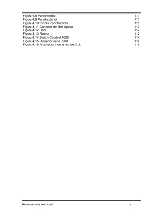 Figura 4.8 Panel frontal                         111
Figura 4.9 Panel exterior                        111
Figura 4.10 Pinzas Ponchadoras                   111
Figura 4.11 Conector de fibra óptica             112
Figura 4.12 Rack                                 112
Figura.4.13 Roseta                               112
Figura 4.14 Switch Catalyst 4000                 114
Figura 4.15 Ruteador serie 7000                  114
Figura 4.16 Arquitectura de la red de C.U.       119




Redes de alta velocidad                      v
 