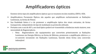 Amplificadores ópticos
Existem vários tipos de amplificadores ópticos que se resumem em dois modelos, EDFA e SOA.
➢ Amplificadores Puramente Ópticos são aqueles que amplificam exclusivamente as Radiações
Luminosas, na forma de Fótons
➢ Sua finalidade básica é a de promover a amplificação óptica dos sinais entrantes, de forma
transparente, independente do tipo de modulação ou protocolo utilizado.
➢ Portanto com o uso de AO´s, um sinal óptico poderá ser transmitido a distâncias muito maiores, sem
necessidade de Regeneradores.
○ Nota: Regeneradores são equipamentos que convertem primeiramente as Radiações
Luminosas em Energia Elétrica, na forma de Elétrons, promovem a amplificação elétrica e, a
re-converte novamente em Radiações Luminosas, fazendo desta forma uma conversão
indesejável
11
 