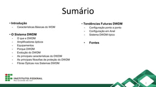 Sumário
• Introdução
- Características Básicas do WDM
• O Sistema DWDM
- O que e DWDM
- Amplificadores ópticos
- Equipamentos
- Porque DWDM
- Evolução do DWDM
- As principais características do DWDM
- As principais filosofias de proteção do DWDM
- Fibras Ópticas nos Sistemas DWDM
• Tendências Futuras DWDM
- Configuração ponto a ponto
- Configuração em Anel
- Sistema DWDM típico
• Fontes
2
 