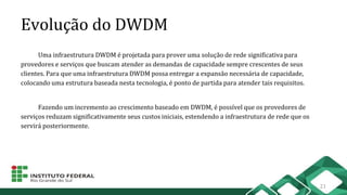 Evolução do DWDM
Uma infraestrutura DWDM é projetada para prover uma solução de rede significativa para
provedores e serviços que buscam atender as demandas de capacidade sempre crescentes de seus
clientes. Para que uma infraestrutura DWDM possa entregar a expansão necessária de capacidade,
colocando uma estrutura baseada nesta tecnologia, é ponto de partida para atender tais requisitos.
Fazendo um incremento ao crescimento baseado em DWDM, é possível que os provedores de
serviços reduzam significativamente seus custos iniciais, estendendo a infraestrutura de rede que os
servirá posteriormente.
21
 