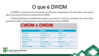 O que é DWDM
O DWDM é um processo de transmissão de diferentes comprimentos de onda sobre uma mesma
fibra. É um desenvolvimento revolucionário do WDM.
O desenvolvimento de amplificadores ópticos que operam a 1550 nm, associado com a mais baixa
perda desta “janela”, proporcionaram o desenvolvimento do sistema DWDM.
8
 