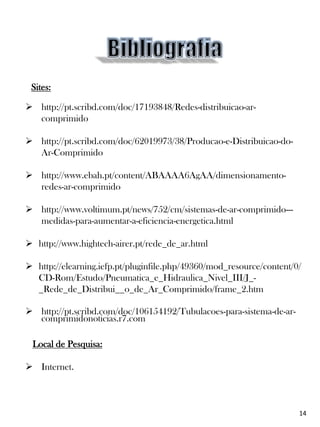 Sites:
 http://pt.scribd.com/doc/17193848/Redes-distribuicao-ar-
comprimido
 http://pt.scribd.com/doc/62019973/38/Producao-e-Distribuicao-do-
Ar-Comprimido
 http://www.ebah.pt/content/ABAAAA6AgAA/dimensionamento-
redes-ar-comprimido
 http://www.voltimum.pt/news/752/cm/sistemas-de-ar-comprimido---
medidas-para-aumentar-a-eficiencia-energetica.html
 http://www.hightech-airer.pt/rede_de_ar.html
 http://elearning.iefp.pt/pluginfile.php/49360/mod_resource/content/0/
CD-Rom/Estudo/Pneumatica_e_Hidraulica_Nivel_III/J_-
_Rede_de_Distribui__o_de_Ar_Comprimido/frame_2.htm
 http://pt.scribd.com/doc/106154192/Tubulacoes-para-sistema-de-ar-
comprimidonoticias.r7.com
Local de Pesquisa:
 Internet.
14
 