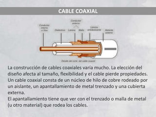 CABLE COAXIAL




La construcción de cables coaxiales varía mucho. La elección del
diseño afecta al tamaño, flexibilidad y el cable pierde propiedades.
Un cable coaxial consta de un núcleo de hilo de cobre rodeado por
un aislante, un apantallamiento de metal trenzado y una cubierta
externa.
El apantallamiento tiene que ver con el trenzado o malla de metal
(u otro material) que rodea los cables.
 