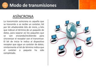 Modo de transmisiones

         ASÍNCRONA
La transmisión asíncrona es aquella que
se transmite o se recibe un carácter, bit
por bit añadiendole bits de inicio, y bits
que indican el término de un paquete de
datos, para separar así los paquetes que
se van enviando/recibiendo para
sincronizar el receptor con el transmisor.
El bit de inicio le indica al dispositivo
receptor que sigue un carácter de datos;
similarmente el bit de término indica que
el carácter o paquete ha sido
completado.
 