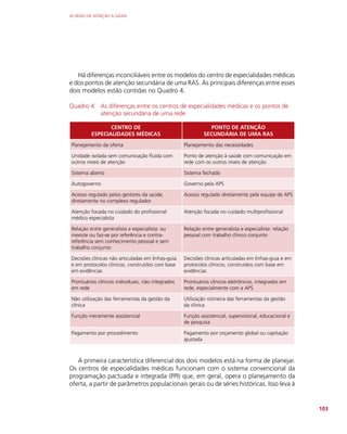 AS REDES DE ATENÇÃO À SAÚDE
103
Há diferenças inconciliáveis entre os modelos do centro de especialidades médicas
e dos pontos de atenção secundária de uma RAS. As principais diferenças entre esses
dois modelos estão contidas no Quadro 4.
Quadro 4: As diferenças entre os centros de especialidades médicas e os pontos de
atenção secundária de uma rede
CENTRO DE
ESPECIALIDADES MÉDICAS
PONTO DE ATENÇÃO
SECUNDÁRIA DE UMA RAS
Planejamento da oferta Planejamento das necessidades
Unidade isolada sem comunicação fluida com
outros níveis de atenção
Ponto de atenção à saúde com comunicação em
rede com os outros níveis de atenção
Sistema aberto Sistema fechado
Autogoverno Governo pela APS
Acesso regulado pelos gestores da saúde,
diretamente no complexo regulador
Acesso regulado diretamente pela equipe de APS
Atenção focada no cuidado do profissional
médico especialista
Atenção focada no cuidado multiprofissional
Relação entre generalista e especialista: ou
inexiste ou faz-se por referência e contra-
referência sem conhecimento pessoal e sem
trabalho conjunto
Relação entre generalista e especialista: relação
pessoal com trabalho clínico conjunto
Decisões clínicas não articuladas em linhas-guia
e em protocolos clínicos, construídos com base
em evidências
Decisões clínicas articuladas em linhas-guia e em
protocolos clínicos, construídos com base em
evidências
Prontuários clínicos individuais, não integrados
em rede
Prontuários clínicos eletrônicos, integrados em
rede, especialmente com a APS
Não utilização das ferramentas da gestão da
clínica
Utilização rotineira das ferramentas da gestão
da clínica
Função meramente assistencial Função assistencial, supervisional, educacional e
de pesquisa
Pagamento por procedimento Pagamento por orçamento global ou capitação
ajustada
A primeira característica diferencial dos dois modelos está na forma de planejar.
Os centros de especialidades médicas funcionam com o sistema convencional da
programação pactuada e integrada (PPI) que, em geral, opera o planejamento da
oferta, a partir de parâmetros populacionais gerais ou de séries históricas. Isso leva à
 