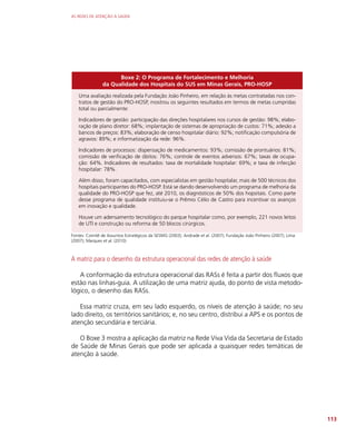 AS REDES DE ATENÇÃO À SAÚDE
113
Boxe 2: O Programa de Fortalecimento e Melhoria
da Qualidade dos Hospitais do SUS em Minas Gerais, PRO-HOSP
Uma avaliação realizada pela Fundação João Pinheiro, em relação às metas contratadas nos con-
tratos de gestão do PRO-HOSP, mostrou os seguintes resultados em termos de metas cumpridas
total ou parcialmente:
Indicadores de gestão: participação das direções hospitalares nos cursos de gestão: 98%; elabo-
ração de plano diretor: 68%; implantação de sistemas de apropriação de custos: 71%; adesão a
bancos de preços: 83%; elaboração de censo hospitalar diário: 92%; notificação compulsória de
agravos: 89%; e informatização da rede: 96%.
Indicadores de processos: dispensação de medicamentos: 93%; comissão de prontuários: 81%;
comissão de verificação de óbitos: 76%; controle de eventos adversos: 67%; taxas de ocupa-
ção: 64%. Indicadores de resultados: taxa de mortalidade hospitalar: 69%; e taxa de infecção
hospitalar: 78%.
Além disso, foram capacitados, com especialistas em gestão hospitalar, mais de 500 técnicos dos
hospitais participantes do PRO-HOSP. Está se dando desenvolvendo um programa de melhoria da
qualidade do PRO-HOSP que fez, até 2010, os diagnósticos de 50% dos hopsitais. Como parte
desse programa de qualidade instituiu-se o Prêmio Célio de Castro para incentivar os avanços
em inovação e qualidade.
Houve um adensamento tecnológico do parque hospitalar como, por exemplo, 221 novos leitos
de UTI e construção ou reforma de 50 blocos cirúrgicos.
Fontes: Comitê de Assuntos Estratégicos da SESMG (2003); Andrade et al. (2007); Fundação João Pinheiro (2007); Lima
(2007); Marques et al. (2010)
A matriz para o desenho da estrutura operacional das redes de atenção à saúde
A conformação da estrutura operacional das RASs é feita a partir dos fluxos que
estão nas linhas-guia. A utilização de uma matriz ajuda, do ponto de vista metodo-
lógico, o desenho das RASs.
Essa matriz cruza, em seu lado esquerdo, os níveis de atenção à saúde; no seu
lado direito, os territórios sanitários; e, no seu centro, distribui a APS e os pontos de
atenção secundária e terciária.
O Boxe 3 mostra a aplicação da matriz na Rede Viva Vida da Secretaria de Estado
de Saúde de Minas Gerais que pode ser aplicada a quaisquer redes temáticas de
atenção à saúde.
 