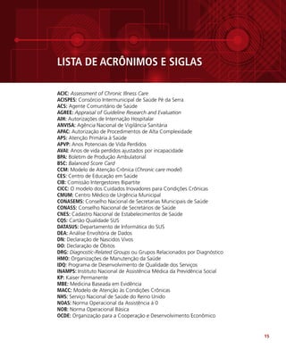 15
LISTA DE ACRÔNIMOS E SIGLAS
ACIC: Assessment of Chronic Illness Care
ACISPES: Consórcio Intermunicipal de Saúde Pé da Serra
ACS: Agente Comunitário de Saúde
AGREE: Appraisal of Guideline Research and Evaluation
AIH: Autorizações de Internação Hospitalar
ANVISA: Agência Nacional de Vigilância Sanitária
APAC: Autorização de Procedimentos de Alta Complexidade
APS: Atenção Primária à Saúde
APVP: Anos Potenciais de Vida Perdidos
AVAI: Anos de vida perdidos ajustados por incapacidade
BPA: Boletim de Produção Ambulatorial
BSC: Balanced Score Card
CCM: Modelo de Atenção Crônica (Chronic care model)
CES: Centro de Educação em Saúde
CIB: Comissão Intergestores Bipartite
CICC: O modelo dos Cuidados Inovadores para Condições Crônicas
CMUM: Centro Médico de Urgência Municipal
CONASEMS: Conselho Nacional de Secretarias Municipais de Saúde
CONASS: Conselho Nacional de Secretários de Saúde
CNES: Cadastro Nacional de Estabelecimentos de Saúde
CQS: Cartão Qualidade SUS
DATASUS: Departamento de Informática do SUS
DEA: Análise Envoltória de Dados
DN: Declaração de Nascidos Vivos
DO: Declaração de Óbitos
DRG: Diagnostic-Related Groups ou Grupos Relacionados por Diagnóstico
HMO: Organizações de Manutenção da Saúde
IDQ: Programa de Desenvolvimento de Qualidade dos Serviços
INAMPS: Instituto Nacional de Assistência Médica da Previdência Social
KP: Kaiser Permanente
MBE: Medicina Baseada em Evidência
MACC: Modelo de Atenção às Condições Crônicas
NHS: Serviço Nacional de Saúde do Reino Unido
NOAS: Norma Operacional da Assistência à 0
NOB: Norma Operacional Básica
OCDE: Organização para a Cooperação e Desenvolvimento Econômico
 