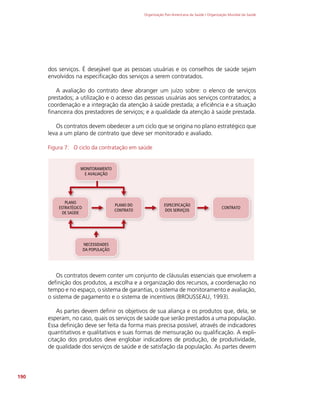 Organização Pan-Americana da Saúde / Organização Mundial da Saúde
190
dos serviços. É desejável que as pessoas usuárias e os conselhos de saúde sejam
envolvidos na especificação dos serviços a serem contratados.
A avaliação do contrato deve abranger um juízo sobre: o elenco de serviços
prestados; a utilização e o acesso das pessoas usuárias aos serviços contratados; a
coordenação e a integração da atenção à saúde prestada; a eficiência e a situação
financeira dos prestadores de serviços; e a qualidade da atenção à saúde prestada.
Os contratos devem obedecer a um ciclo que se origina no plano estratégico que
leva a um plano de contrato que deve ser monitorado e avaliado.
Figura 7: O ciclo da contratação em saúde
PLANO
ESTRATÉGICO
DE SAÚDE
PLANO DO
CONTRATO
ESPECIFICAÇÃO
DOS SERVIÇOS
CONTRATO
NECESSIDADES
DA POPULAÇÃO
MONITORAMENTO
E AVALIAÇÃO
Os contratos devem conter um conjunto de cláusulas essenciais que envolvem a
definição dos produtos, a escolha e a organização dos recursos, a coordenação no
tempo e no espaço, o sistema de garantias, o sistema de monitoramento e avaliação,
o sistema de pagamento e o sistema de incentivos (BROUSSEAU, 1993).
As partes devem definir os objetivos de sua aliança e os produtos que, dela, se
esperam, no caso, quais os serviços de saúde que serão prestados a uma população.
Essa definição deve ser feita da forma mais precisa possível, através de indicadores
quantitativos e qualitativos e suas formas de mensuração ou qualificação. A expli-
citação dos produtos deve englobar indicadores de produção, de produtividade,
de qualidade dos serviços de saúde e de satisfação da população. As partes devem
 