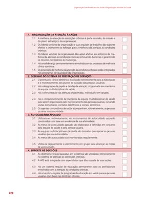 Organização Pan-Americana da Saúde / Organização Mundial da Saúde
228
1. ORGANIZAÇÃO DA ATENÇÃO À SAÚDE
1.1 A melhoria da atenção às condições crônicas é parte da visão, da missão e
do plano estratégico da organização.
1.2 Os líderes seniores da organização e suas equipes de trabalho dão suporte
efetivo e promovem os esforços para a melhoria da atenção às condições
crônicas.
1.3 Os líderes seniores da organização dão apoio efetivo aos esforços de me-
lhoria da atenção às condições crônicas removendo barreiras e garantindo
os recursos necessários às mudanças.
1.4 Há uma liderança permanentemente envolvida com os processos de melhoria
clínica contínua.
1.5 Os processos de melhoria da atenção às condições crônicas estão integrados
nos programas de qualidade da organização.
2. DESENHO DO SISTEMA DE PRESTAÇÃO DE SERVIÇOS
2.1 O prontuário clínico eletrônico é utilizado rotineiramente para a elaboração
e o monitoramento dos planos de cuidado das pessoas usuárias.
2.2 Há a designação de papéis e tarefas da atenção programada aos membros
da equipe multidisciplinar de saúde.
2.3 Há a oferta regular da atenção programada, individual e em grupos.
2.4 Há o comprometimento de membros da equipe multidisciplinar de saúde
para serem responsáveis pelo monitoramento das pessoas usuárias, incluindo
visitas domiciliares, contatos telefônicos e correio eletrônico.
2.5 Os agentes comunitários de saúde acompanham, rotineiramente, as pessoas
usuárias na comunidade.
3. AUTOCUIDADO APOIADO
3.1 Utilizam-se, rotineiramente, os instrumentos de autocuidado apoiado
construídos com base em evidência de sua efetividade.
3.2 As metas de autocuidado apoiado são elaboradas e definidas em conjunto
pela equipe de saúde e pela pessoa usuária.
3.3 As equipes multidisciplinares de saúde são treinadas para apoiar as pessoas
usuárias para o autocuidado.
3.4 As metas de autocuidado são monitoradas regularmente.
3.5 Utiliza-se regularmente o atendimento em grupo para alcançar as metas
de autocuidado.
4. SUPORTE ÀS DECISÕES
4.1 As diretrizes clínicas baseadas em evidência são utilizadas rotineiramente
no sistema de atenção às condições crônicas.
4.2 A APS está integrada com especialistas que dão suporte às suas ações.
4.3 Há um sistema regular de educação permanente para os profissionais
envolvidos com a atenção às condições crônicas.
4.4 Há uma oferta regular de programas de educação em saúde para as pessoas
usuárias com base nas diretrizes clínicas.
 