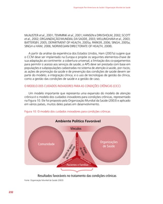 Organização Pan-Americana da Saúde / Organização Mundial da Saúde
232
McALISTER et al., 2001; TEMMINK et al., 2001; HANSEN e DRIVSHOLM, 2002; SCOTT
et al., 2002; ORGANIZAÇÃO MUNDIAL DA SAÚDE, 2003; WELLINGHAM et al., 2003;
BATTERSBY, 2005; DEPARTMENT OF HEALTH, 2005a; PARKER, 2006; SINGH, 2005a;
SINGH e HAM, 2006; NORWEGIAN DIRECTORATE OF HEALTH, 2008).
A partir da análise da experiência dos Estados Unidos, Ham (2007a) sugere que
o CCM deve ser implantado na Europa e propõe os seguintes elementos-chave de
sua adaptação ao continente: a cobertura universal; a limitação dos co-pagamentos
para permitir o acesso aos serviços de saúde; a APS deve ser prestada com base em
populações e subpopulações cadastradas no sistema de atenção à saúde, por riscos;
as ações de promoção da saúde e de prevenção das condições de saúde devem ser
parte do modelo; a integração clínica; e o uso de tecnologias de gestão da clínica,
como a gestão das condições de saúde e a gestão de caso.
O MODELO DOS CUIDADOS INOVADORES PARA AS CONDIÇÕES CRÔNICAS (CICC)
Um modelo importante que representa uma expansão do modelo de atenção
crônica é o modelo dos cuidados inovadores para condições crônicas, representado
na Figura 10. Ele foi proposto pela Organização Mundial da Saúde (2003) e aplicado
em vários países, muitos deles países em desenvolvimento.
Figura 10: O modelo dos cuidados inovadores para condições crônicas
Vínculos
Ambiente Político Favorável
Pacientes e Famílias
G
r
u
p
o
s
d
e
a
p
o
i
o
d
a
c
o
m
u
n
i
d
a
d
e
E
q
u
i
p
e
d
e
s
a
ú
d
e
Informados
Preparados
M
otivados
Resultados favoráveis no tratamento das condições crônicas
Comunidade
Organizações
de Saúde
Fonte: Organização Mundial da Saúde (2003)
 