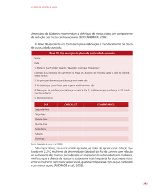 AS REDES DE ATENÇÃO À SAÚDE
345
Americana de Diabetes recomendam a definição de metas como um componente
da redução dos riscos cardiovasculares (BODENHEIMER, 2007).
O Boxe 18 apresenta um formulário para elaboração e monitoramento do plano
de autocuidado apoiado.
Boxe 18: Um exemplo de plano de autocuidado apoiado
Nome
Data
1. Meta: O quê? Onde? Quanto? Quando? Com que frequência?
Exemplo: Essa semana irei caminhar na Praça JK, durante 30 minutos, após o café da manhã,
todos os dias.
2. As principais barreiras para alcançar essa meta são:
3. As ações que posso fazer para superar essas barreiras são:
4. Meu grau de confiança em alcançar a meta é (de 0, totalmente sem confiança, a 10, total-
mente confiante
5. Monitoramento
DIA CHECKLIST COMENTÁRIOS
Segunda-feira
Terça-feira
Quarta-feira
Quinta-feira
Sexta-feira
Sábado
Domingo
Fonte: Adaptado de Lorig et al. (2006)
São importantes, no autocuidado apoiado, as redes de apoio social. Estudo rea-
lizado em 2.240 mulheres da Universidade Estadual do Rio de Janeiro com relação
ao autoexame das mamas, considerado um marcador do autocuidado em mulheres,
verificou que a chance de realizar o autoexame mais frequente foi duas vezes maior
entre as mulheres com maior apoio social, quando comparadas com as que contavam
com menor apoio (ANDRADE et al., 2005).
 