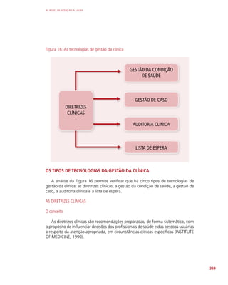 AS REDES DE ATENÇÃO À SAÚDE
369
Figura 16: As tecnologias de gestão da clínica
DIRETRIZES
CLÍNICAS
GESTÃO DA CONDIÇÃO
DE SAÚDE
GESTÃO DE CASO
AUDITORIA CLÍNICA
LISTA DE ESPERA
OS TIPOS DE TECNOLOGIAS DA GESTÃO DA CLÍNICA
A análise da Figura 16 permite verificar que há cinco tipos de tecnologias de
gestão da clínica: as diretrizes clínicas, a gestão da condição de saúde, a gestão de
caso, a auditoria clínica e a lista de espera.
AS DIRETRIZES CLÍNICAS
O conceito
As diretrizes clínicas são recomendações preparadas, de forma sistemática, com
o propósito de influenciar decisões dos profissionais de saúde e das pessoas usuárias
a respeito da atenção apropriada, em circunstâncias clínicas específicas (INSTITUTE
OF MEDICINE, 1990).
 