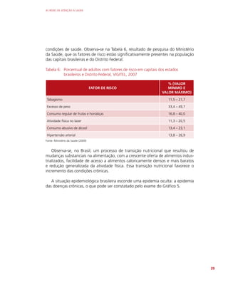 AS REDES DE ATENÇÃO À SAÚDE
39
condições de saúde. Observa-se na Tabela 6, resultado de pesquisa do Ministério
da Saúde, que os fatores de risco estão significativamente presentes na população
das capitais brasileiras e do Distrito Federal.
Tabela 6: Porcentual de adultos com fatores de risco em capitais dos estados
brasileiros e Distrito Federal, VIGITEL, 2007
FATOR DE RISCO
% (VALOR
MÍNIMO E
VALOR MÁXIMO)
Tabagismo 11,5 – 21,7
Excesso de peso 33,4 – 49,7
Consumo regular de frutas e hortaliças 16,8 – 40,0
Atividade física no lazer 11,3 – 20,5
Consumo abusivo de álcool 13,4 – 23,1
Hipertensão arterial 13,8 – 26,9
Fonte: Ministério da Saúde (2009)
Observa-se, no Brasil, um processo de transição nutricional que resultou de
mudanças substanciais na alimentação, com a crescente oferta de alimentos indus-
trializados, facilidade de acesso a alimentos caloricamente densos e mais baratos
e redução generalizada da atividade física. Essa transição nutricional favorece o
incremento das condições crônicas.
A situação epidemiológica brasileira esconde uma epidemia oculta: a epidemia
das doenças crônicas, o que pode ser constatado pelo exame do Gráfico 5.
 
