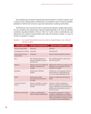 Organização Pan-Americana da Saúde / Organização Mundial da Saúde
56
Os resultados do controle da hipertensão arterial sistêmica no Brasil mostram que
o sistema atual, fragmentado e voltado para as condições e para os eventos agudos,
episódico e reativo não funciona e que são necessárias mudanças profundas.
As diferenças mais marcantes entre os sistemas de atenção à saúde estão presen-
tes nas categorias de organização fragmentação/integração e de foco da atenção
condições agudas/condições crônicas. Mas há muitas outras características que
diferenciam os sistemas fragmentados das redes de atenção à saúde. É o que se
mostra no Quadro 2 a seguir.
Quadro 2: As características diferenciais dos sistemas fragmentados e das redes de
atenção à saúde
CARACTERÍSTICA SISTEMA FRAGMENTADO REDE DE ATENÇÃO À SAÚDE
Forma de organização Hierarquia Poliarquia
Coordenação da atenção Inexistente Feita pela APS
Comunicação entre os
componentes
Inexistente Feita por sistemas logísticos eficazes
Foco Nas condições agudas por
meio de unidades de pronto-
atendimento
Nas condições agudas e crônicas por
meio de uma RAS
Objetivos Objetivos parciais de diferentes
serviços e resultados não
medidos
Objetivos de melhoria da saúde de uma
população com resultados clínicos e
econômicos medidos
População Voltado para indivíduos
isolados
Voltado para uma população adscrita
estratificada por subpopulações de
risco e sob responsabilidade da RAS
Sujeito Paciente que recebe
prescrições dos profissionais
de saúde
Agente co-responsável pela própria
saúde
A forma da ação do
sistema
Reativa e episódica, acionada
pela demanda das pessoas
usuárias
Proativa e contínua, baseada em
plano de cuidados de cada pessoa
usuária, realizado conjuntamente pelos
profissionais e pela pessoa usuária e
com busca ativa
Ênfase das intervenções Curativas e reabilitadoras
sobre condições estabelecidas
Promocionais, preventivas, curativas,
cuidadoras, reabilitadoras ou paliativas,
atuando sobre determinantes sociais da
saúde intermediários e proximais e sobre
as condições de saúde estabelecidas
 