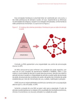 Organização Pan-Americana da Saúde / Organização Mundial da Saúde
84
Essa concepção hierárquica e piramidal deve ser substituída por uma outra, a
das redes poliárquicas de atenção à saúde, em que, respeitando-se as diferenças
nas densidades tecnológicas, rompem-se as relações verticalizadas, conformando-se
redes policêntricas horizontais. É o que se vê na Figura 2.
Figura 2: A mudança dos sistemas piramidais e hierárquicos para as redes de atenção
à saúde
ALTA
COMPLEXIDADE
MÉDIA
COMPLEXIDADE
ATENÇÃO BÁSICA
APS
Contudo, as RASs apresentam uma singularidade: seu centro de comunicação
situa-se na APS.
As RASs estruturam-se para enfrentar uma condição de saúde específica, por
meio de um ciclo completo de atendimento (PORTER e TEISBERG, 2007), o que
implica a continuidade da atenção à saúde (atenção primária, atenção secundária e
atenção terciária à saúde) e a integralidade da atenção à saúde (ações de promoção
da saúde, de prevenção das condições de saúde e de gestão das condições de saúde
estabelecidas por meio de intervenções de cura, cuidado, reabilitação e paliação).
A RAS assume as responsabilidades econômicas e sanitárias com a sua população
adscrita que é, a ela vinculada, na APS.
Somente a atuação de uma RAS vai gerar valor para a população. O valor da
atenção à saúde expressa-se na relação entre a qualidade dos resultados econômicos,
clínicos e humanísticos e os recursos utilizados no cuidado da saúde.
 