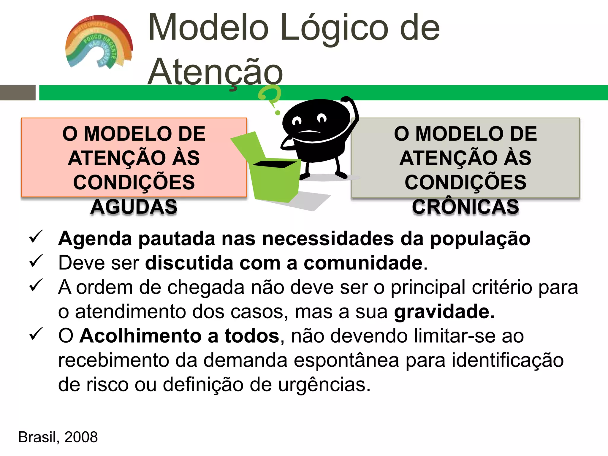 Modelo Lógico de
Atenção
O MODELO DE
ATENÇÃO ÀS
CONDIÇÕES
CRÔNICAS
O MODELO DE
ATENÇÃO ÀS
CONDIÇÕES
AGUDAS
 Agenda pautada nas necessidades da população
 Deve ser discutida com a comunidade.
 A ordem de chegada não deve ser o principal critério para
o atendimento dos casos, mas a sua gravidade.
 O Acolhimento a todos, não devendo limitar-se ao
recebimento da demanda espontânea para identificação
de risco ou definição de urgências.
Brasil, 2008
 