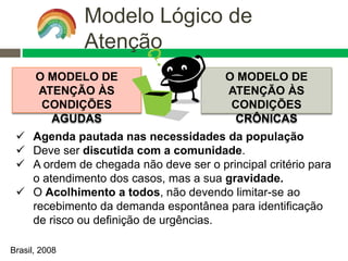 Modelo Lógico de
Atenção
O MODELO DE
ATENÇÃO ÀS
CONDIÇÕES
CRÔNICAS
O MODELO DE
ATENÇÃO ÀS
CONDIÇÕES
AGUDAS
 Agenda pautada nas necessidades da população
 Deve ser discutida com a comunidade.
 A ordem de chegada não deve ser o principal critério para
o atendimento dos casos, mas a sua gravidade.
 O Acolhimento a todos, não devendo limitar-se ao
recebimento da demanda espontânea para identificação
de risco ou definição de urgências.
Brasil, 2008
 