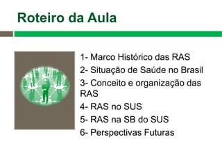 Roteiro da Aula
1- Marco Histórico das RAS
2- Situação de Saúde no Brasil
3- Conceito e organização das
RAS
4- RAS no SUS
5- RAS na SB do SUS
6- Perspectivas Futuras
 