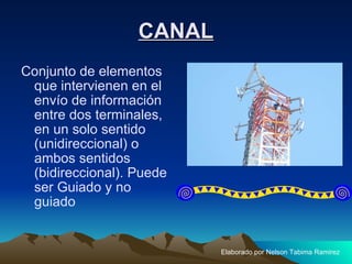 CANAL Conjunto de elementos que intervienen en el envío de información entre dos terminales, en un solo sentido (unidireccional) o ambos sentidos (bidireccional). Puede ser Guiado y no guiado Elaborado por Nelson Tabima Ramirez 
