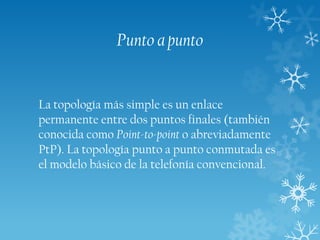 Punto a punto

La topología más simple es un enlace
permanente entre dos puntos finales (también
conocida como Point-to-point o abreviadamente
PtP). La topología punto a punto conmutada es
el modelo básico de la telefonía convencional.

 