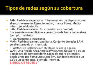 TIPOS DE REDESSegún su alcancePANLANMANWANSegún el medio de propagaciónAlámbricaInalámbricaSegún su topología