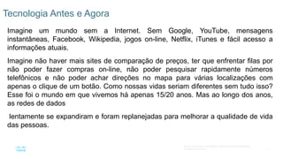 11
© 2016 Cisco e/ou suas afiliadas. Todos os direitos reservados.
Confidencial da Cisco
Imagine um mundo sem a Internet. Sem Google, YouTube, mensagens
instantâneas, Facebook, Wikipedia, jogos on-line, Netflix, iTunes e fácil acesso a
informações atuais.
Imagine não haver mais sites de comparação de preços, ter que enfrentar filas por
não poder fazer compras on-line, não poder pesquisar rapidamente números
telefônicos e não poder achar direções no mapa para várias localizações com
apenas o clique de um botão. Como nossas vidas seriam diferentes sem tudo isso?
Esse foi o mundo em que vivemos há apenas 15/20 anos. Mas ao longo dos anos,
as redes de dados
lentamente se expandiram e foram replanejadas para melhorar a qualidade de vida
das pessoas.
Tecnologia Antes e Agora
 
