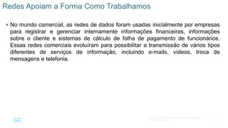 15
© 2016 Cisco e/ou suas afiliadas. Todos os direitos reservados.
Confidencial da Cisco
 No mundo comercial, as redes de dados foram usadas inicialmente por empresas
para registrar e gerenciar internamente informações financeiras, informações
sobre o cliente e sistemas de cálculo de folha de pagamento de funcionários.
Essas redes comerciais evoluíram para possibilitar a transmissão de vários tipos
diferentes de serviços de informação, incluindo e-mails, vídeos, troca de
mensagens e telefonia.
Redes Apoiam a Forma Como Trabalhamos
 
